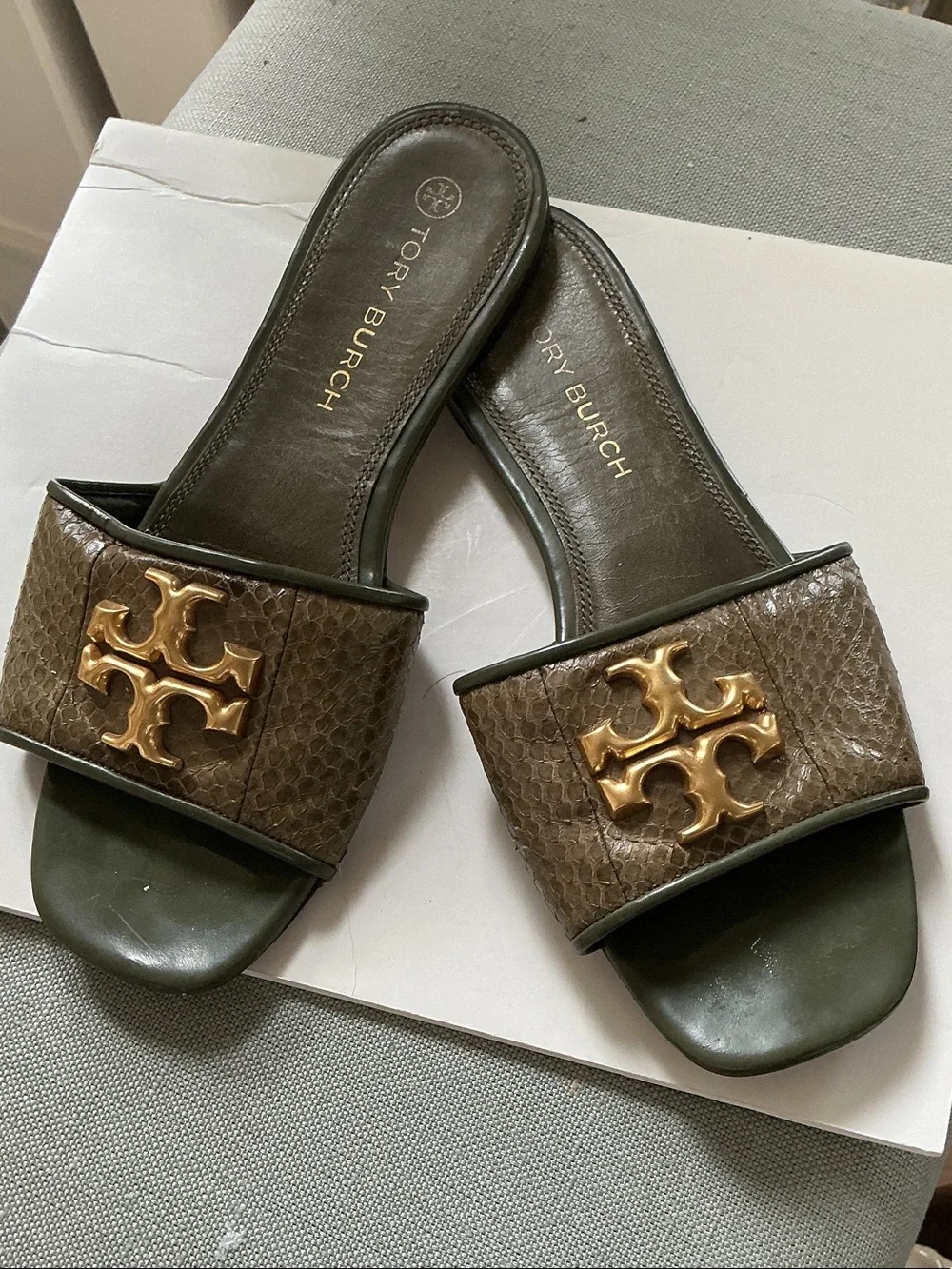 Tory Burch Olive and Brown Logo Slide Leather upper Sandals